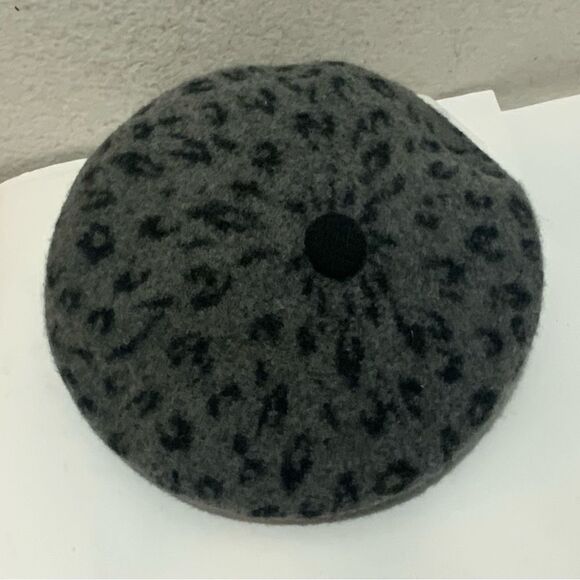 Adora Gray Black Leopard Print Black Elastic Band 100% Wool Beret One Size - Picture 4 of 10
